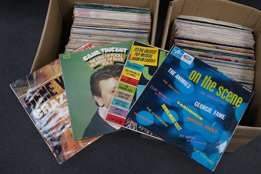 Two boxes of LP record albums, including some compilations and soundtracks, artists including; Billy J. Kramer, the Bee Gees, the Searchers, Jerry and the Pacemakers, Bill Haly and His Comets, Johnny Otis, Neil Diamond,